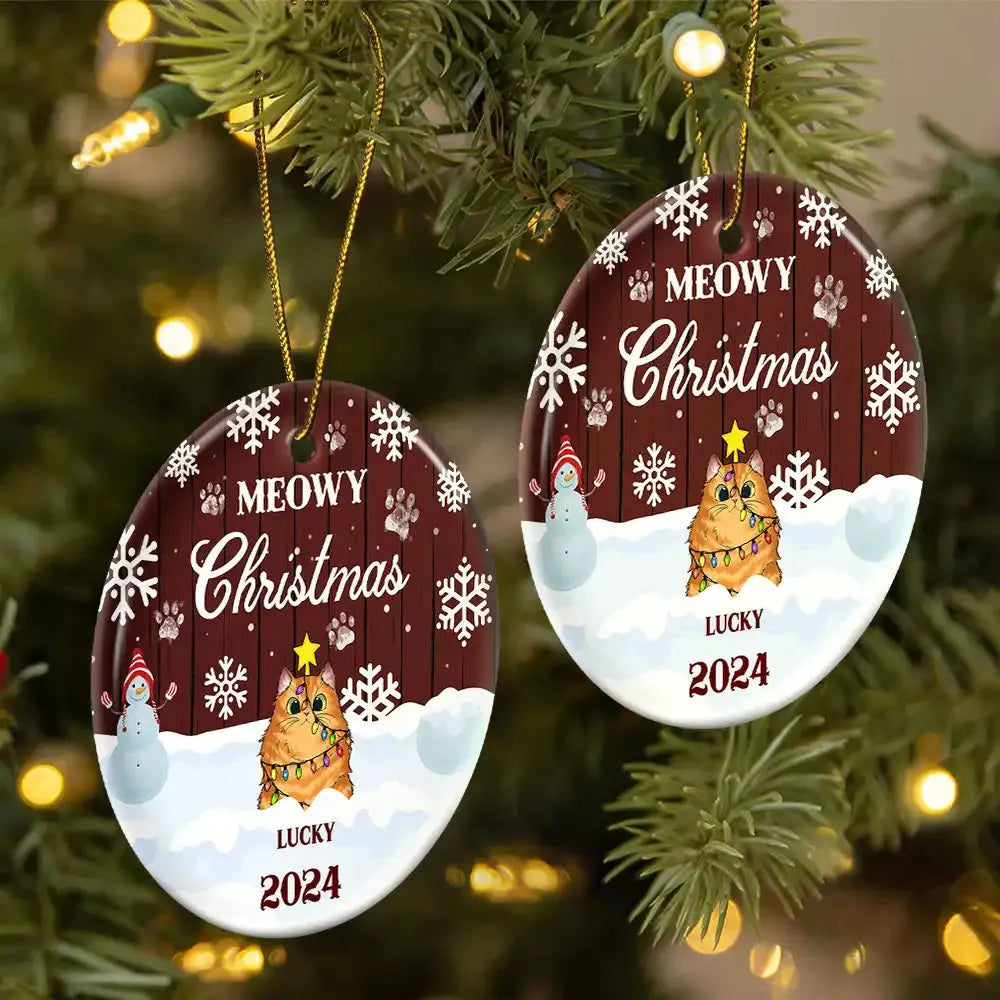 Meowy Christmas - Personalized Circle Ceramic Ornament - Christmas Gift for Cat Lovers, Pet Lovers, Cat Mom, Cat Dad