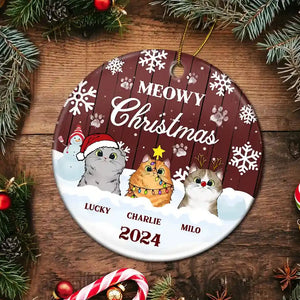 Meowy Christmas - Personalized Circle Ceramic Ornament - Christmas Gift for Cat Lovers, Pet Lovers, Cat Mom, Cat Dad