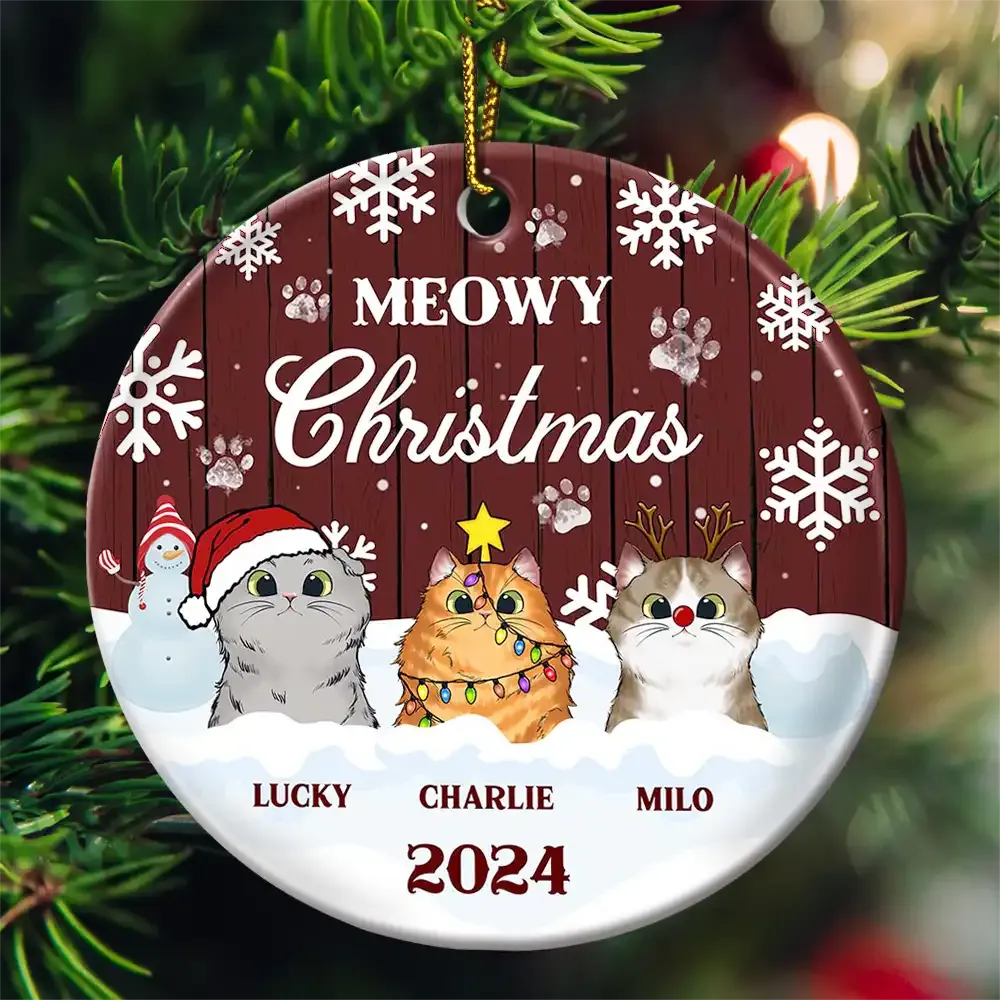 Meowy Christmas - Personalized Circle Ceramic Ornament - Christmas Gift for Cat Lovers, Pet Lovers, Cat Mom, Cat Dad