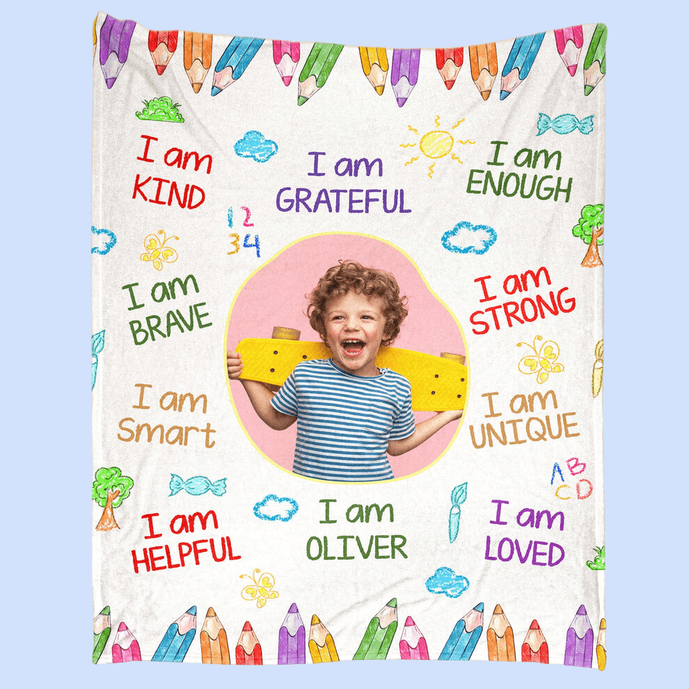 I Am Kind Smart Loved Affirmations Kid Blanket | Personalized Gift For Granddaughters, Grandsons, Daughters, Sons | Blanket