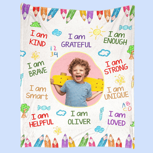 I Am Kind Smart Loved Affirmations Kid Blanket | Personalized Gift For Granddaughters, Grandsons, Daughters, Sons | Blanket