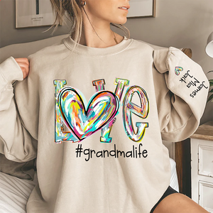 Love Grandma Life Color Heart - Personalized Sleeve Printed Sweater - Gift for Grandma, Nana, Grandparent