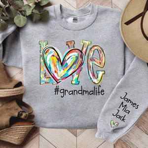 Love Grandma Life Color Heart - Personalized Sleeve Printed Sweater - Gift for Grandma, Nana, Grandparent