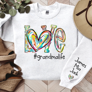 Love Grandma Life Color Heart - Personalized Sleeve Printed Sweater - Gift for Grandma, Nana, Grandparent