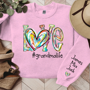 Love Grandma Life Color Heart - Personalized Sleeve Printed Sweater - Gift for Grandma, Nana, Grandparent