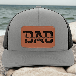 Custom Kids Names Dad The Man The Myth The Legend Our Hero - Personalized Engraved Leather Patch Trucker Hat - Custom Father's Day Gift for Him, Husband, Daddy, Grandpa, Dad Gift From Daughter, Custom Dad Cap, Gift For Dad with Kids Names