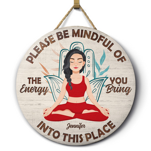 Please Be Mindful - Personalized Round Wood Sign - Gift For Yoga Lovers, Mental Health Gifts