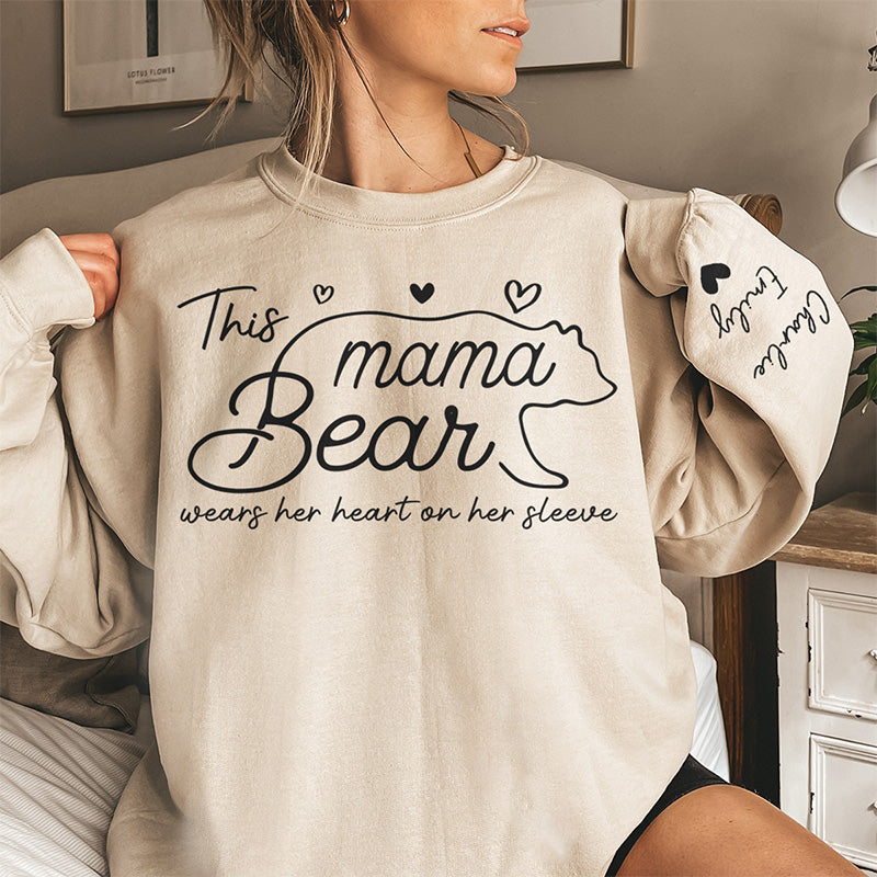 This Mama Bear Wears Her Heart On Her Sleeve - Personalized Sleeve Printed Sweater - Gift for Grandma, Nana, Mama, Grandparent