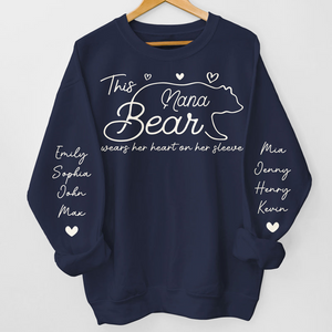 This Mama Bear Wears Her Heart On Her Sleeve - Personalized Sleeve Printed Sweater - Gift for Grandma, Nana, Mama, Grandparent