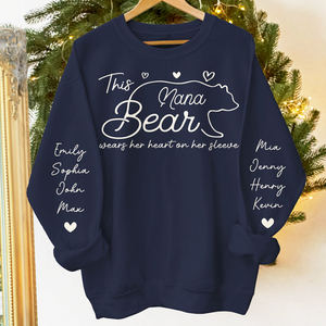 This Mama Bear Wears Her Heart On Her Sleeve - Personalized Sleeve Printed Sweater - Gift for Grandma, Nana, Mama, Grandparent