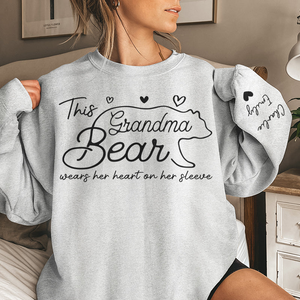 This Mama Bear Wears Her Heart On Her Sleeve - Personalized Sleeve Printed Sweater - Gift for Grandma, Nana, Mama, Grandparent