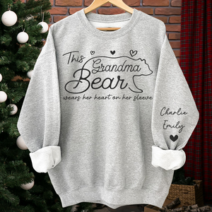 This Mama Bear Wears Her Heart On Her Sleeve - Personalized Sleeve Printed Sweater - Gift for Grandma, Nana, Mama, Grandparent