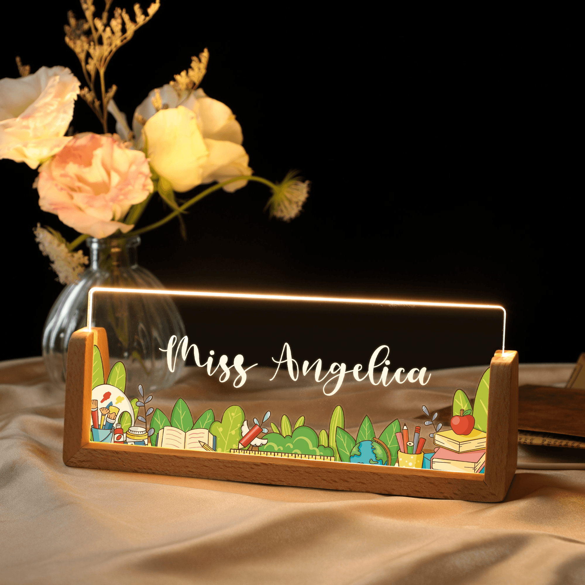 Name Desk Plate For Teacher - Personalized Acrylic Led Light With Wooden Base - Custom Gift For Teachers & Educators