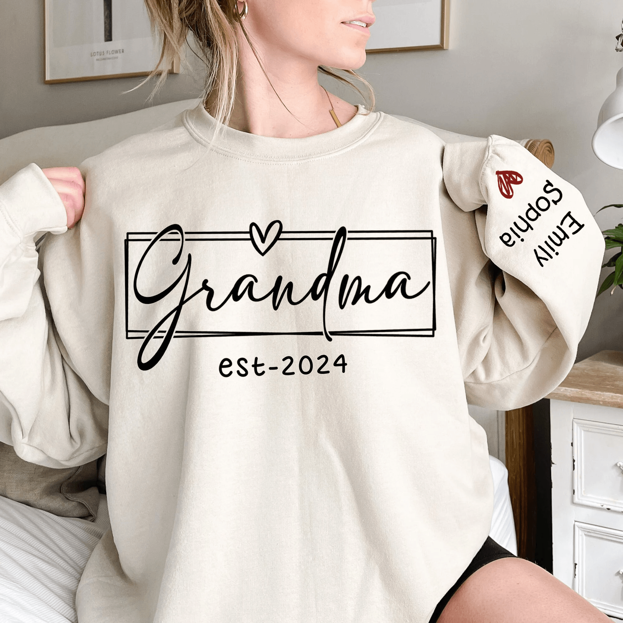 Grandma Est.2024 - Personalized Custom Sleeve Printed Sweater/Crewneck Sweatshirt - Mother's Day, Birthday, Loving, Funny Gift for Grandma/Nana/Mimi, Mom, Wife, Grandparent, Kids Names on Sleeve Sweater | Up to 10 Kids - Suzitee Store