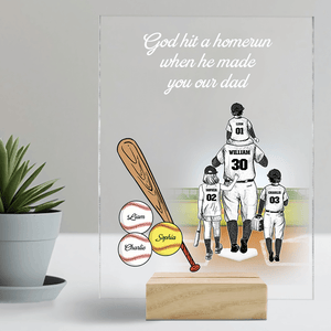 Custom Baseball/Softball Dad with Kids - Personalized Night Light, 3D Led Lamp With Wooden Base - Father's Day Gift for Dad, Papa, Grandpa, Daddy, Dada