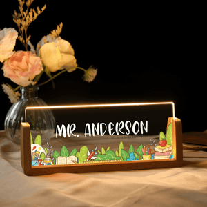 Name Desk Plate For Teacher - Personalized Acrylic Led Light With Wooden Base - Custom Gift For Teachers & Educators