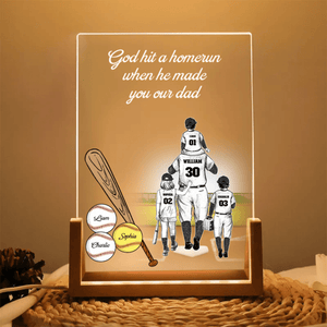 Custom Baseball/Softball Dad with Kids - Personalized Night Light, 3D Led Lamp With Wooden Base - Father's Day Gift for Dad, Papa, Grandpa, Daddy, Dada