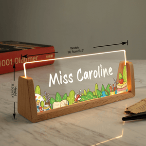 Name Desk Plate For Teacher - Personalized Acrylic Led Light With Wooden Base - Custom Gift For Teachers & Educators