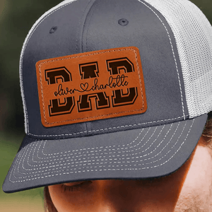 Custom Kids' Names Dad Papa Grandpa Trucker Hat  - Personalized Engraved Leather Patch Hat - Custom Father's Day Gift for Him, Husband, Daddy, Dada, Dad Gift From Daughter, Custom Dad Cap, Gift For Dad