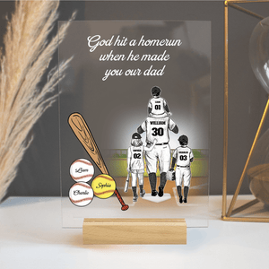 Custom Baseball/Softball Dad with Kids - Personalized Night Light, 3D Led Lamp With Wooden Base - Father's Day Gift for Dad, Papa, Grandpa, Daddy, Dada