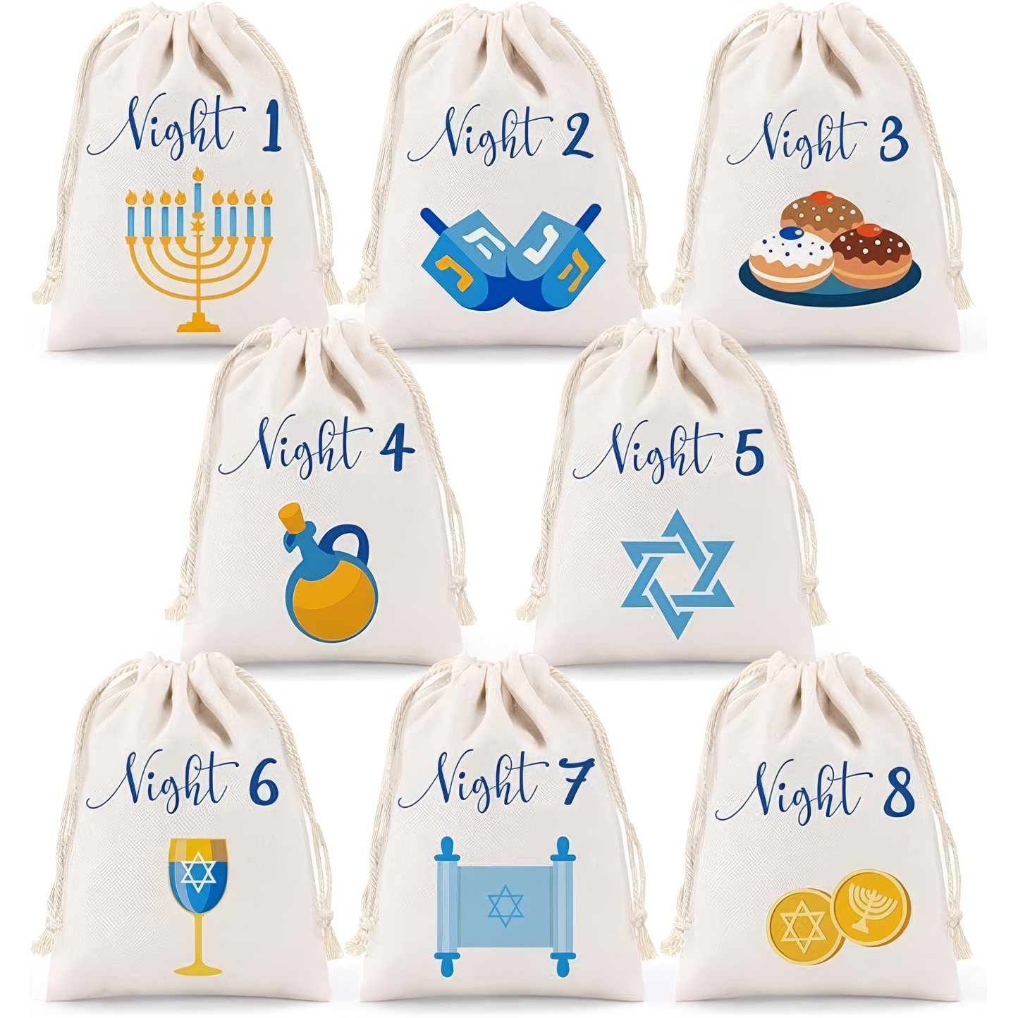 8 Nights of Hanukkah Drawstring Bags - Chanukah Gift - Countdown Calendar Hanukkah Linen Treat Goodie Bags for Kids Festival of Lights Party Favor Bag