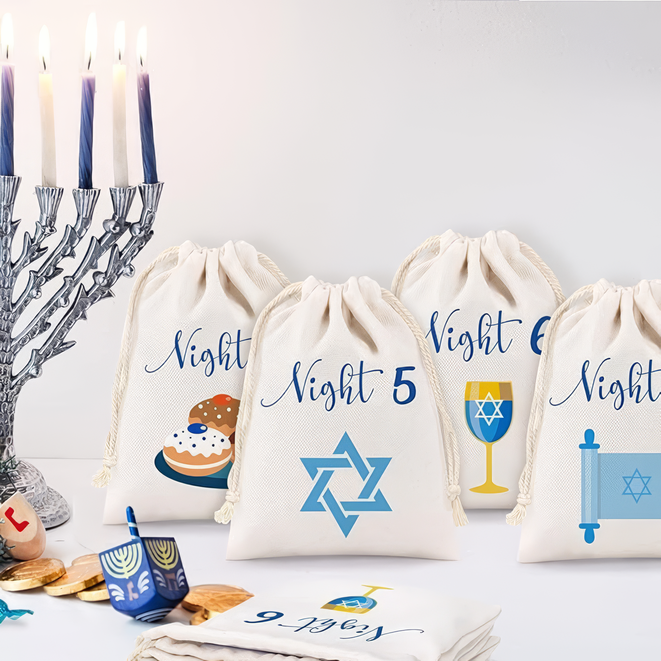 8 Nights of Hanukkah Drawstring Bags - Chanukah Gift Bags Hanukkah Countdown Calendar Hanukkah Linen Treat Goodie Bags for Kids Festival of Lights Party Favor Bag