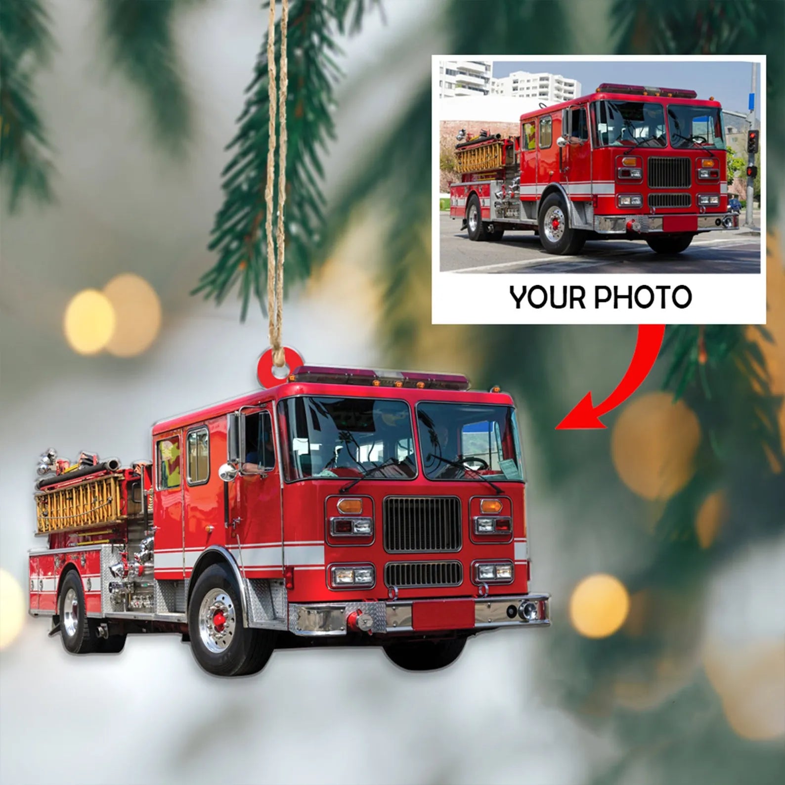 Custom Fire Truck Ornament -  Personalized Photo Gift for Firefighter, Paramedic | Christmas Decoration