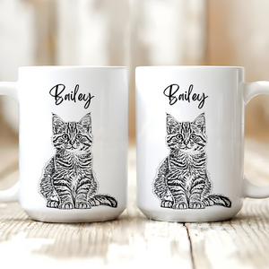 Custom Photo Cat Portrait Pencil Drawing - Personalized Custom Mug - Gift For Cat Lovers, Pet Lovers, Cat Mom, Cat Dad