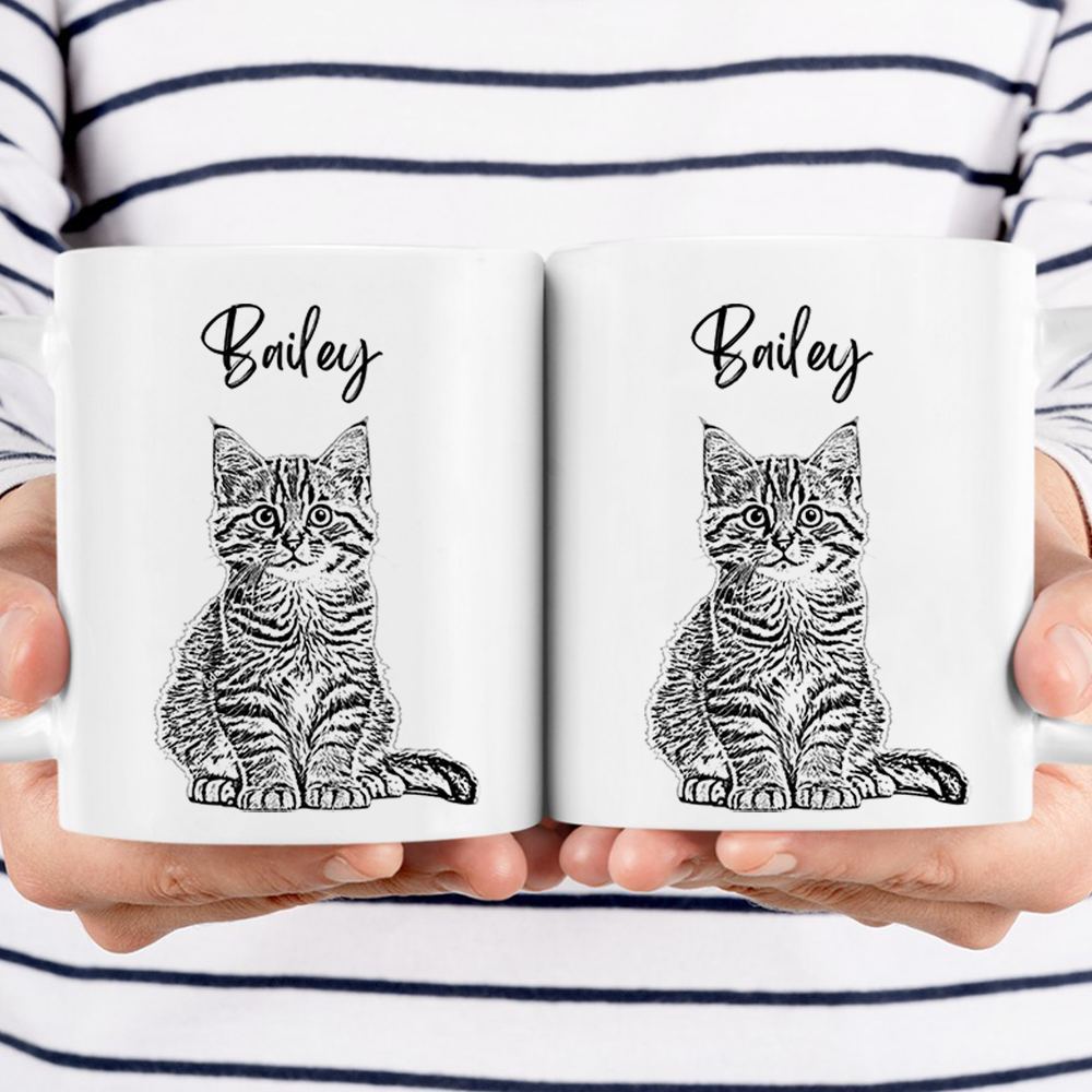 Custom Photo Cat Portrait Pencil Drawing - Personalized Custom Mug - Gift For Cat Lovers, Pet Lovers, Cat Mom, Cat Dad