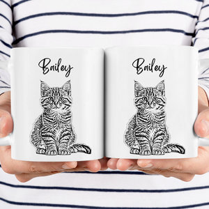 Custom Photo Cat Portrait Pencil Drawing - Personalized Custom Mug - Gift For Cat Lovers, Pet Lovers, Cat Mom, Cat Dad