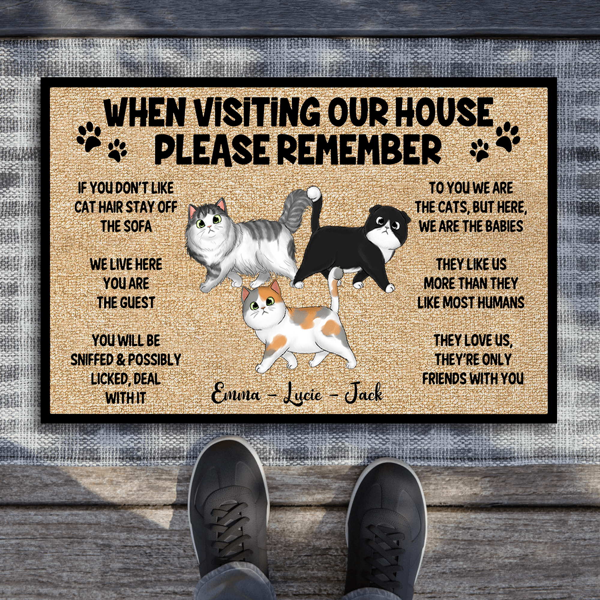 Cat Funny Custom Doormat - Remember When Visiting Cats House - Personalized Gift for Cat Lovers, Pet Lovers, Cat Mom, Cat Dad