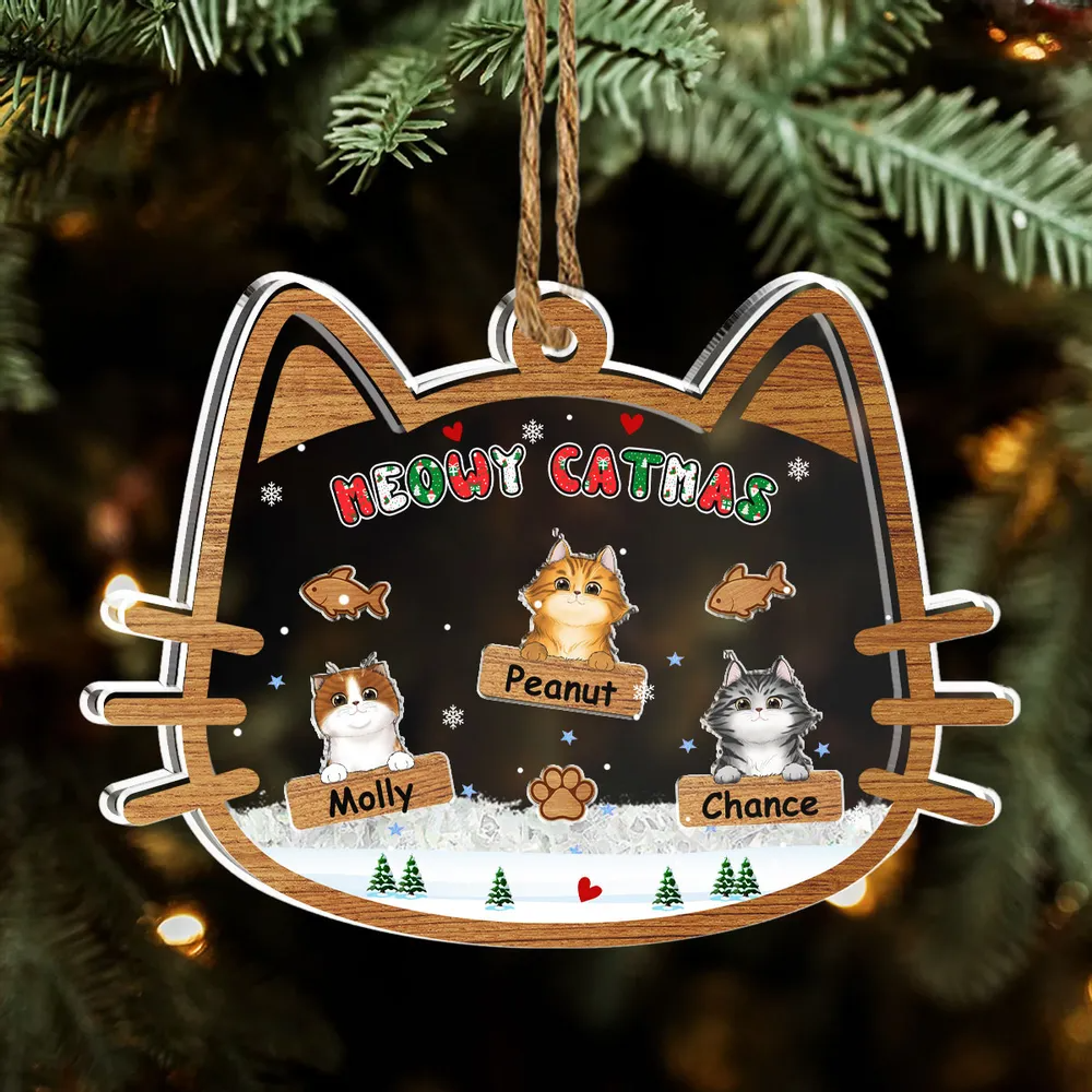 Meowy Catmas - Custom 3 Layers Shaker Ornament - Christmas Gift for Cat Lovers, Pet Lovers, Cat Mom, Cat Dad