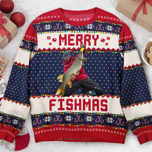 Custom Photo Merry Fishmas Gift For Fishing Lovers - Personalized Custom Ugly Sweater