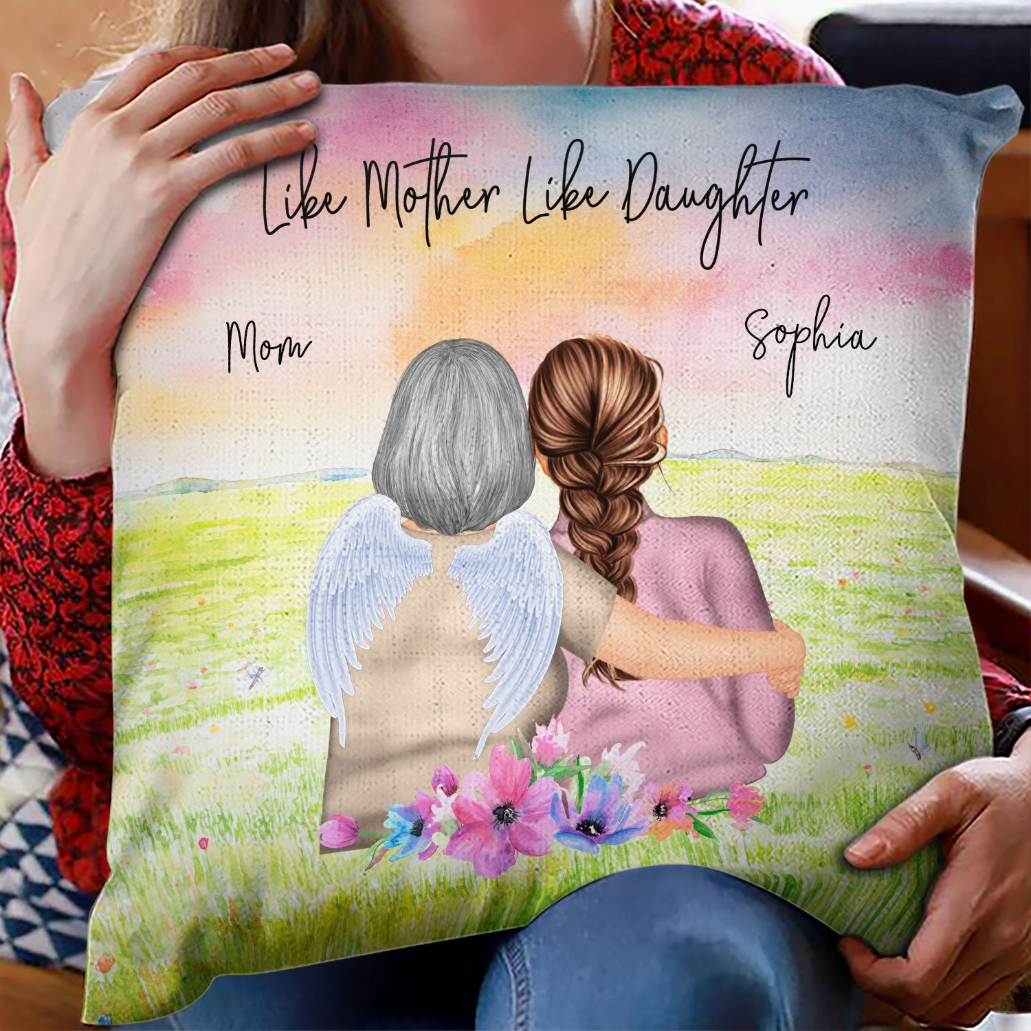 Mother & Daughter Forever Linked Together Watercolor Style - Personalized Custom Pillow - Gift For Mom, Daughter & Grandma