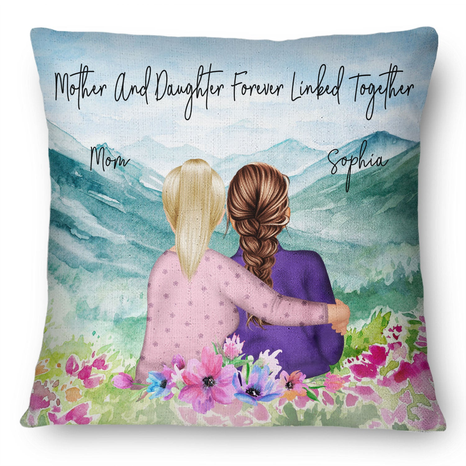 Mother & Daughter Forever Linked Together Watercolor Style - Personalized Custom Pillow - Gift For Mom, Daughter & Grandma