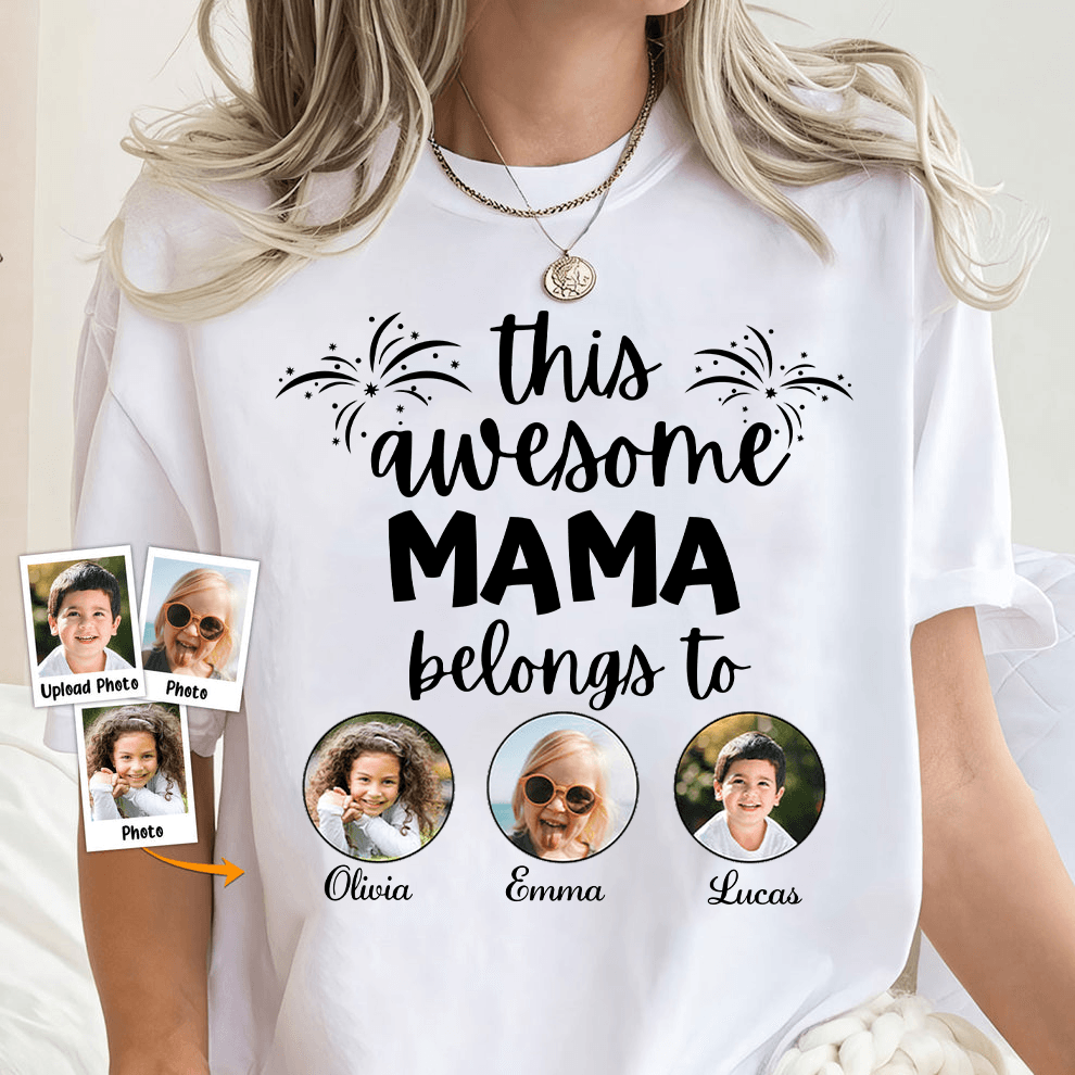 Custom Photo This Awesome Mama Belongs To - Personalized Custom T Shirt - Gift for Grandma/Nana/Mimi, Mom, Wife, Grandparent - Suzitee Store