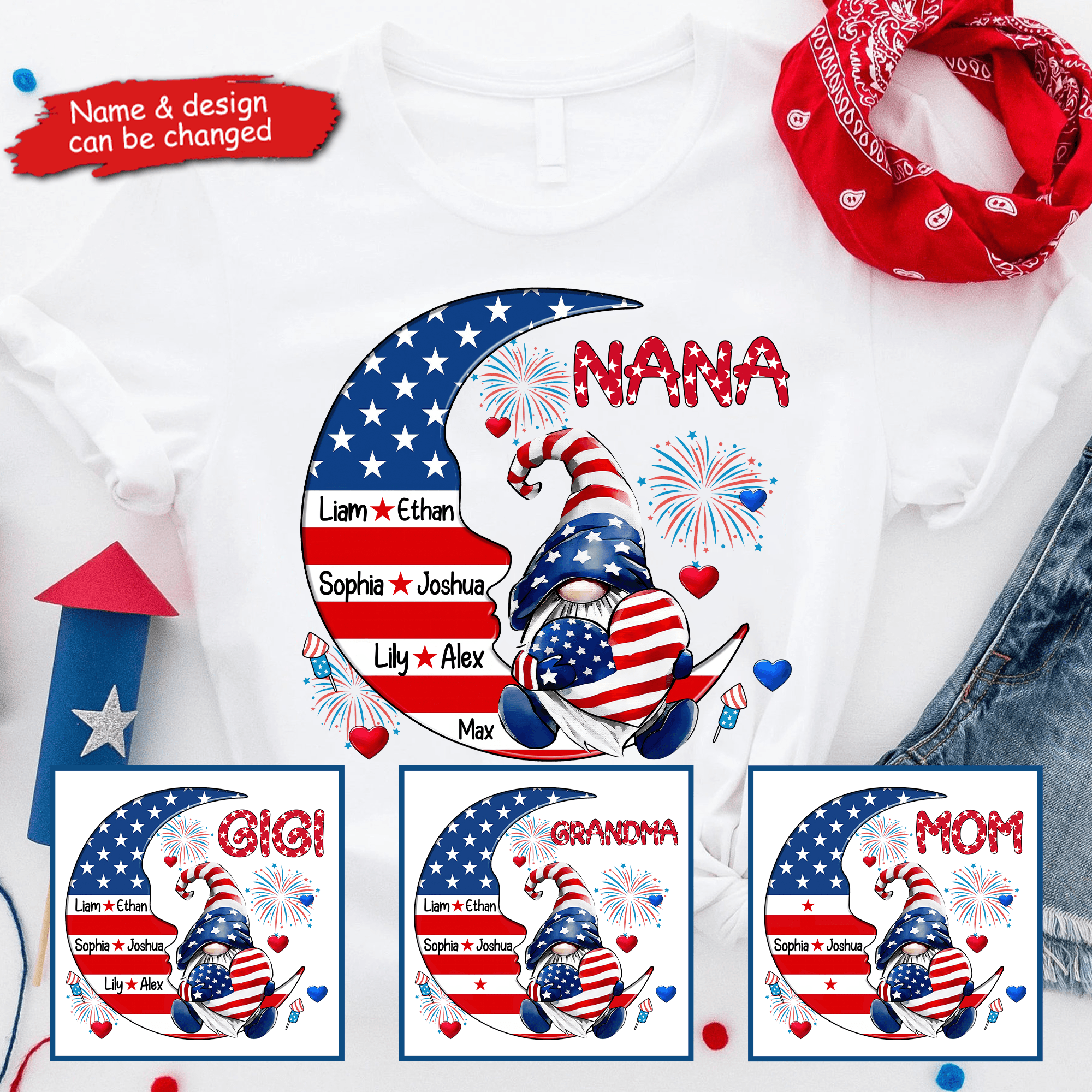 Fourth 4th Of July Grandma Patriotic Gnome - Personalized Custom Kids Names T Shirt - Independence Day, Birthday, Loving, Funny Gift for Grandma/Nana/Mimi, Mom, Wife, Grandparent - Suzitee Store