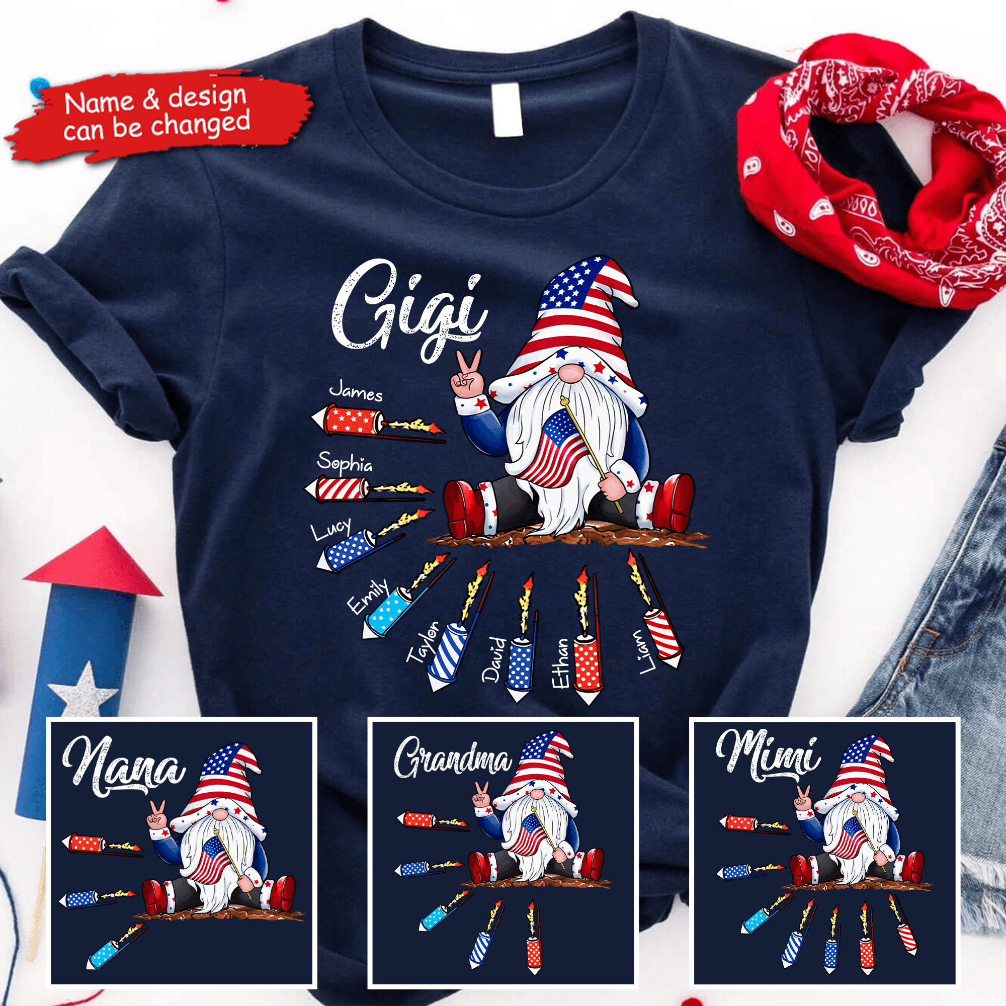 Fourth 4th Of July Gnome Grandma's Firecrackers - Personalized Custom Kids Names T Shirt - Independence Day, Birthday, Loving, Funny Gift for Patriotic Grandma/Nana/Mimi, Mom, Wife, Grandparent - Suzitee Store