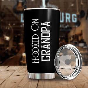 Hooked on Dad Fishing Dad Pun - Funny Fathers Day - Personalized Custom 20oz Fat Tumbler Cup - Birthday, Loving, Funny Gift for Grandfather/Dad/Father, Husband, Grandparent - Suzitee Store