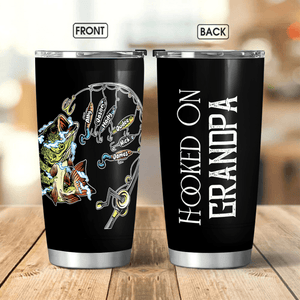 Hooked on Dad Fishing Dad Pun - Funny Fathers Day - Personalized Custom 20oz Fat Tumbler Cup - Birthday, Loving, Funny Gift for Grandfather/Dad/Father, Husband, Grandparent - Suzitee Store