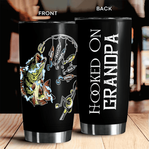 Hooked on Dad Fishing Dad Pun - Funny Fathers Day - Personalized Custom 20oz Fat Tumbler Cup - Birthday, Loving, Funny Gift for Grandfather/Dad/Father, Husband, Grandparent - Suzitee Store