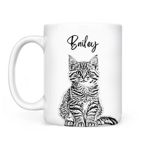 Custom Photo Cat Portrait Pencil Drawing - Personalized Custom Mug - Gift For Cat Lovers, Pet Lovers, Cat Mom, Cat Dad