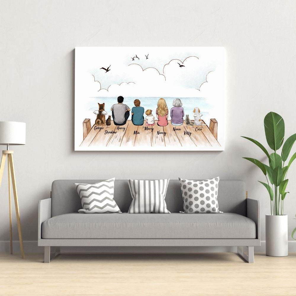 Custom Family Canvas - Family Sitting On The Bridge - Personalized Gift For Family Members, Mom, Dad, Dog, Cat, Memorial