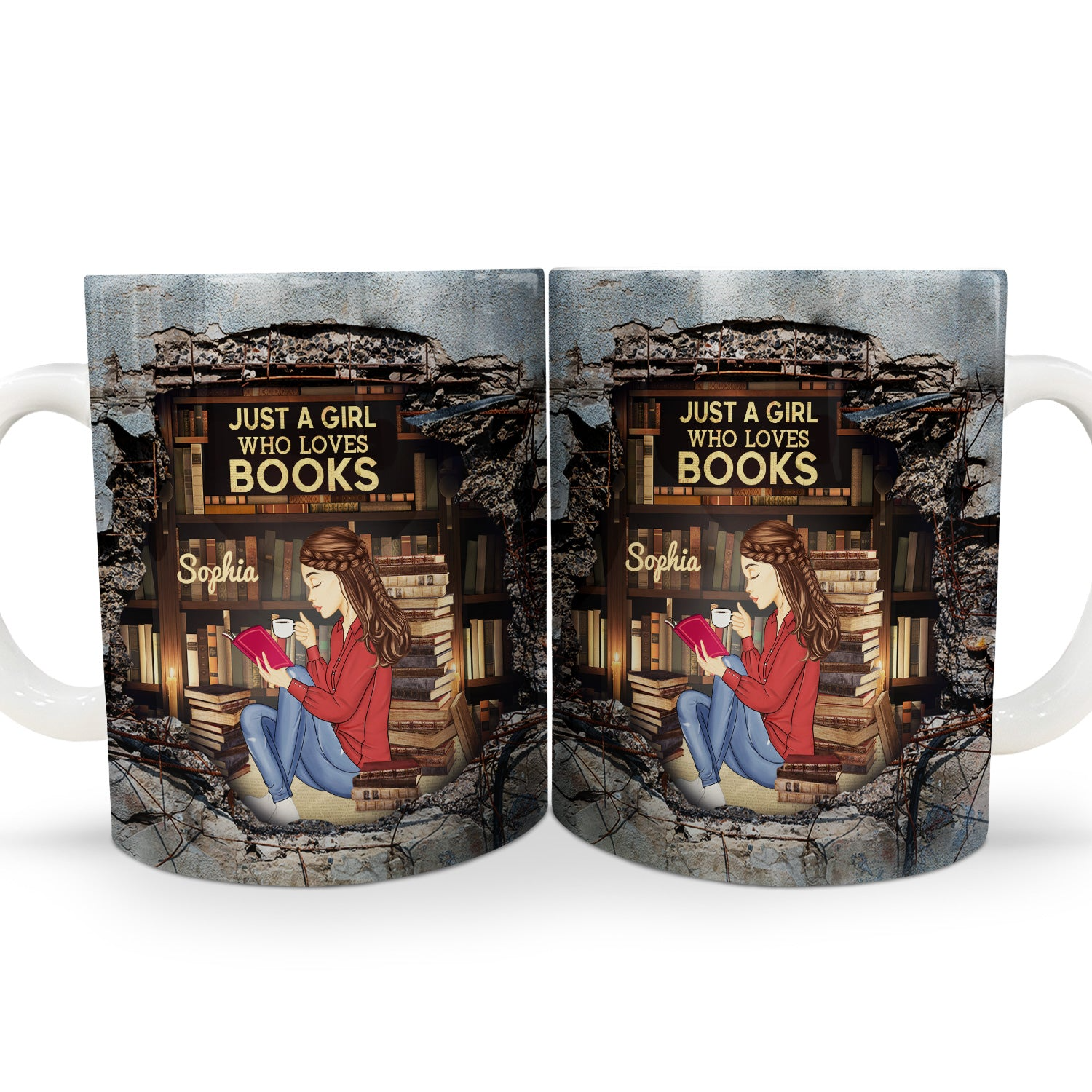 Cracked Wall Reading Girl - Personalized Custom Mug - Gift For Book Lovers, Readers