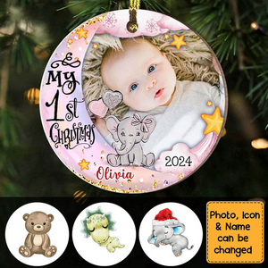 Custom Photo Baby's First Christmas Animal - Personalized Circle Wood Ornament - Babies 1st Christmas Gifts