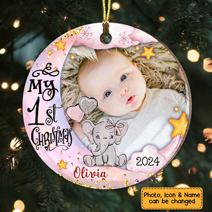 Custom Photo Baby's First Christmas Animal - Personalized Circle Wood Ornament - Babies 1st Christmas Gifts