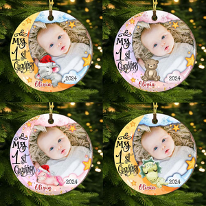 Custom Photo Baby's First Christmas Animal - Personalized Circle Wood Ornament - Babies 1st Christmas Gifts