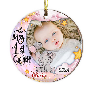 Custom Photo Baby's First Christmas Animal - Personalized Circle Wood Ornament - Babies 1st Christmas Gifts