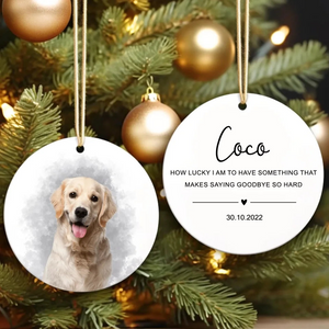 Custom Photo Pet Watercolor Ornament - Personalized Circle Ceramic Ornament - Christmas Gift for Dog Lovers, Cat Lovers, Pet Lovers