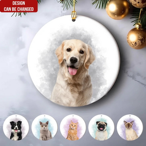 Custom Photo Pet Watercolor Ornament - Personalized Circle Ceramic Ornament - Christmas Gift for Dog Lovers, Cat Lovers, Pet Lovers